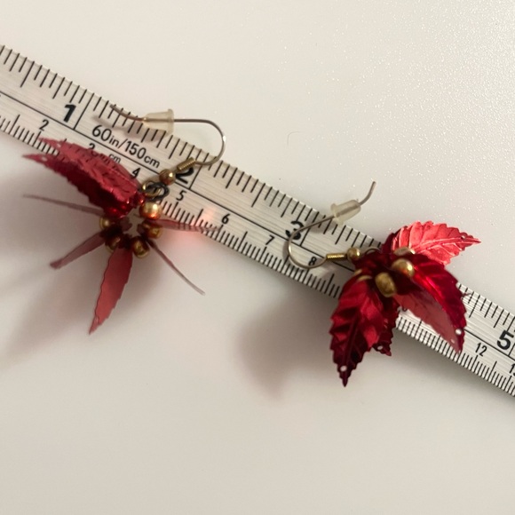 Foil Leaf Poinsettia Dangle Earrings Christmas Holiday Earrings - Picture 13 of 16